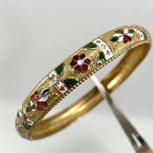 Vintage Gold Tone Cloisonné Bangle Bracelet 8” Red White Green Enamel Fashion